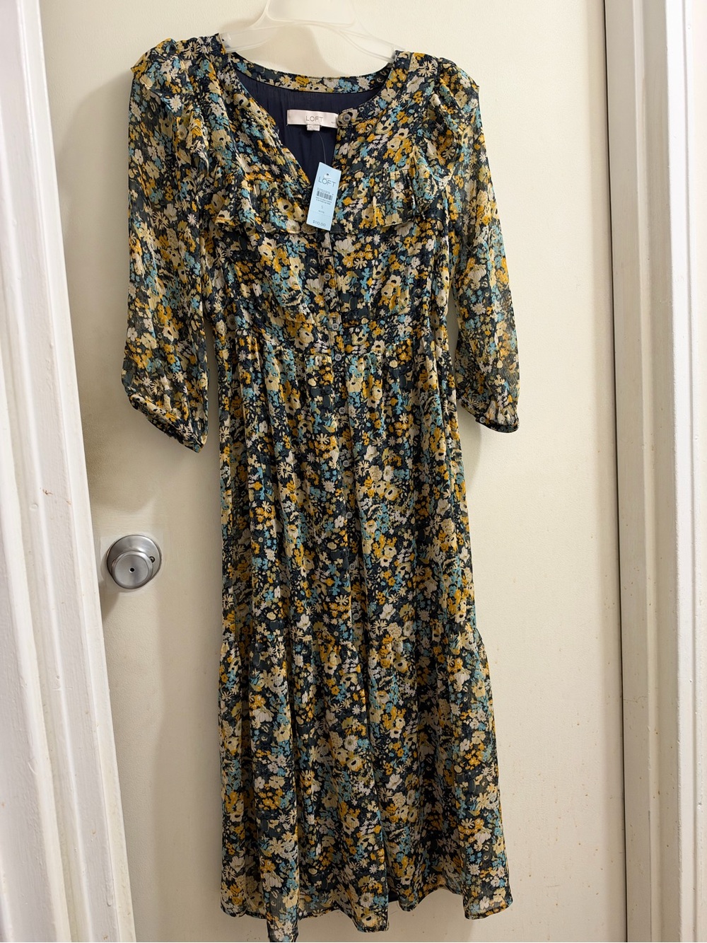LOFT floral tiered midi dress, size S petite